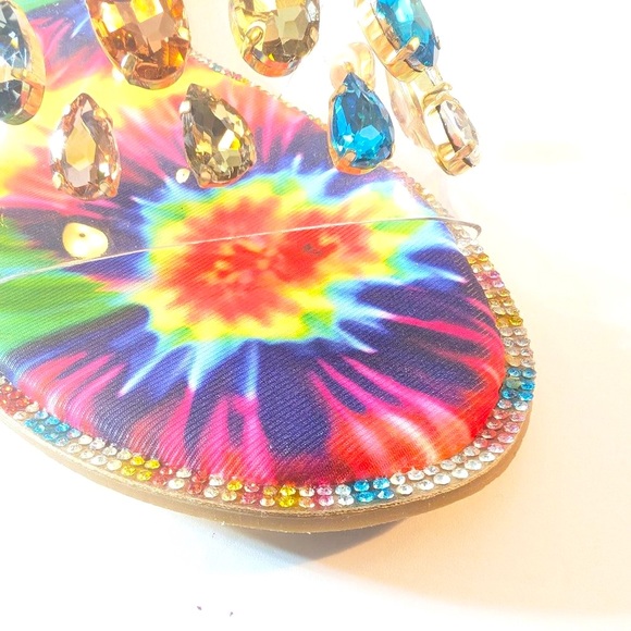 * Pazzle Colorful Tie Dye Rhinestone Trim Flat Sandals - Picture 4 of 8